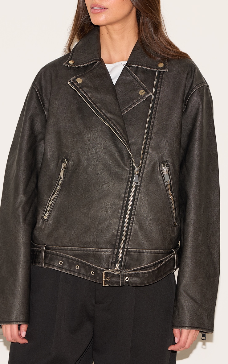 Black Vintage Faux Leather Oversized Zip Up Biker Jacket image 4