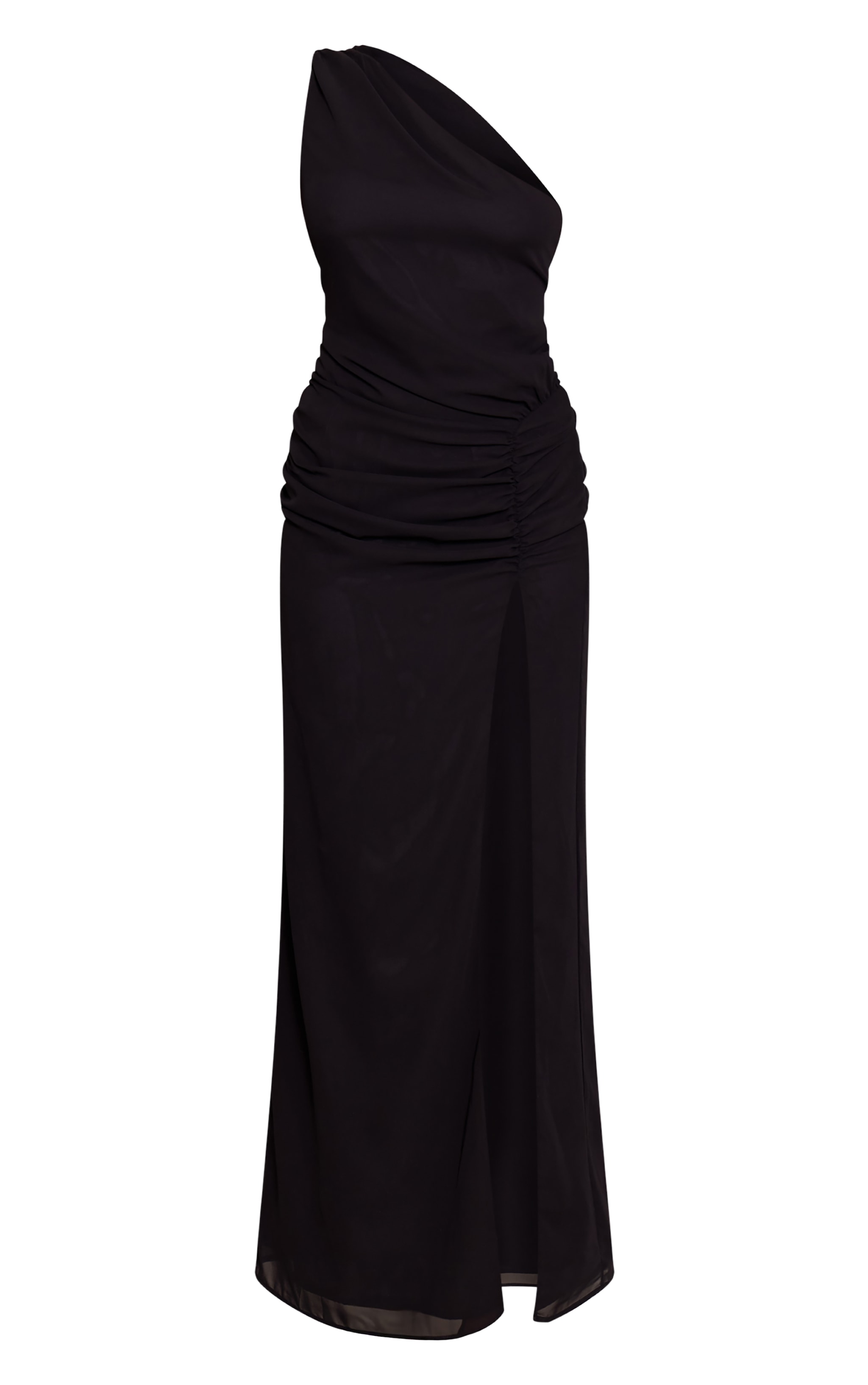 Robe longue en mousseline de soie noire froncée épaule unique image 5