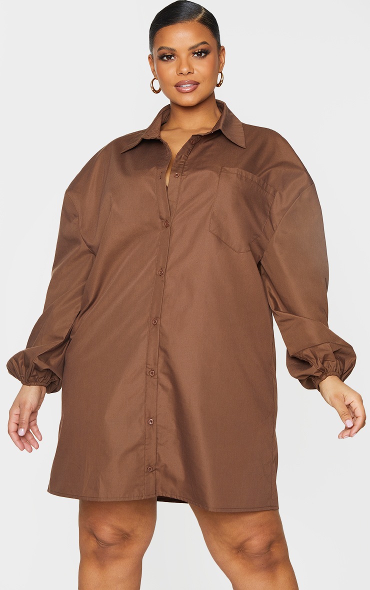 PLT Plus - Robe chemise oversize chocolat à manches bouffantes
