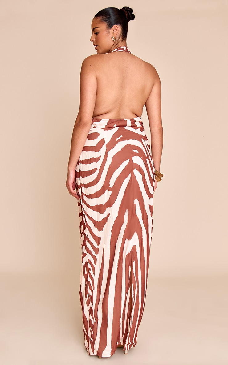 Plus Tan Zebra Abstract Print Chiffon Cowl Neck Maxi Dress image 2