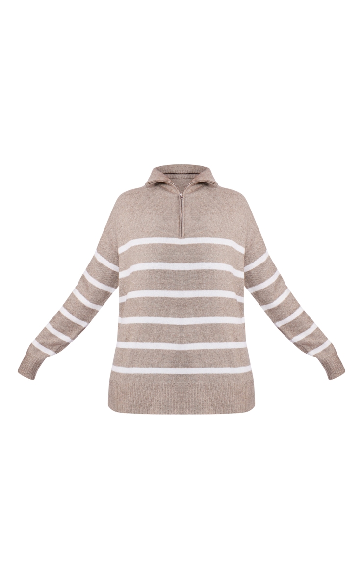 Plus Pull en maille tricot oversize gris pierre à rayures et demi-zip image 5