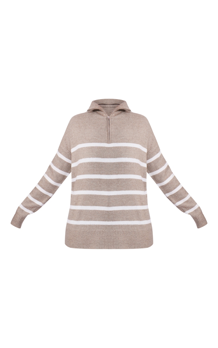 Plus Stone Knitted Slouchy Striped Half Zip Jumper image 5