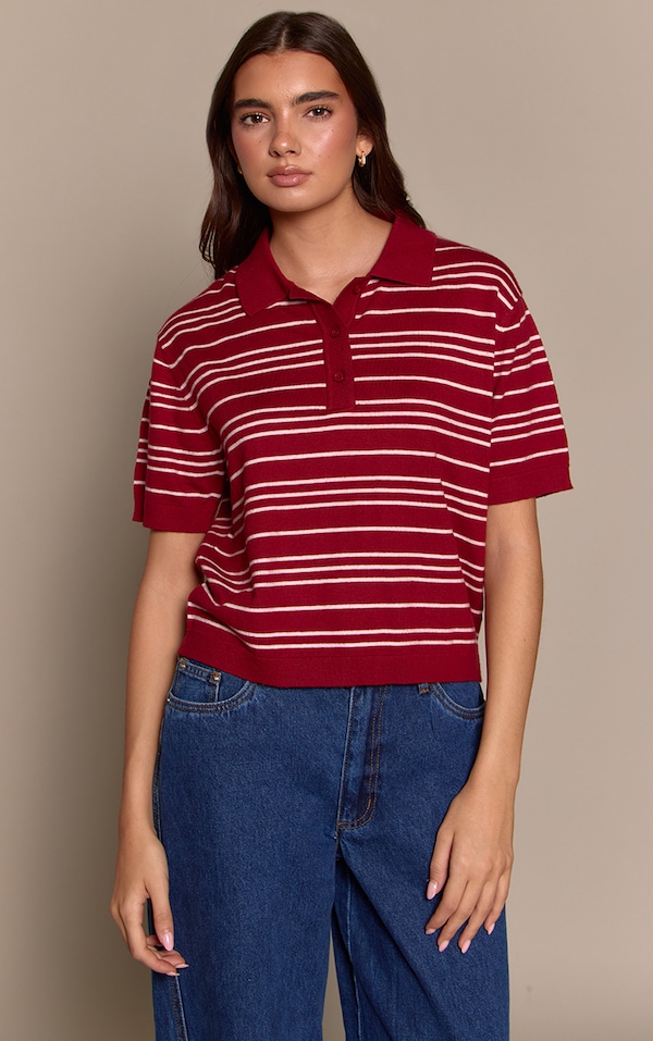 Burgundy Polo Short Sleeve Knit Rugby Top
