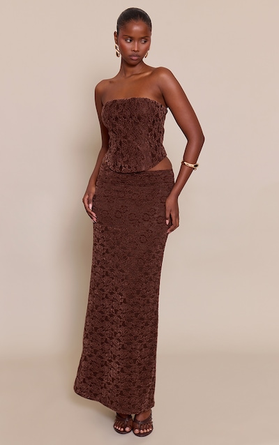 Jupe longue en velours style dentelle chocolat à taille mi-haute