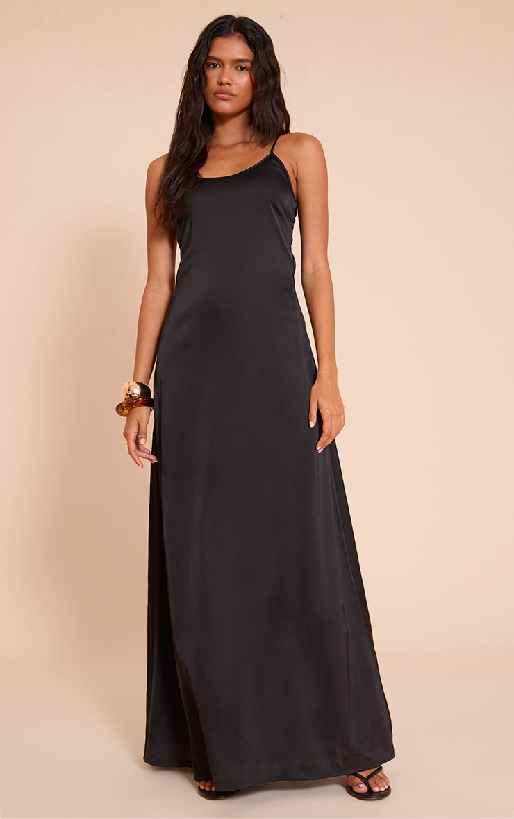 Black Satin Scoop Neck Spaghetti Strap Maxi Dress image 1