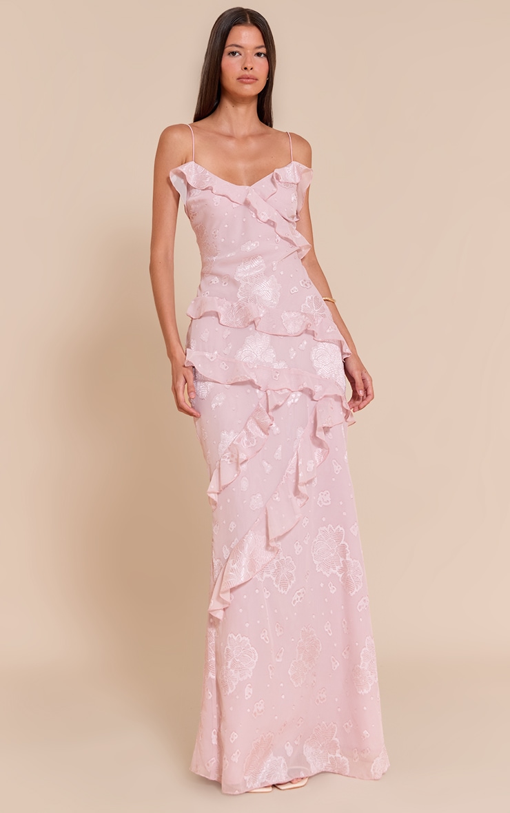Light Pink Floral Embroidered Frill Maxi Dress image 1