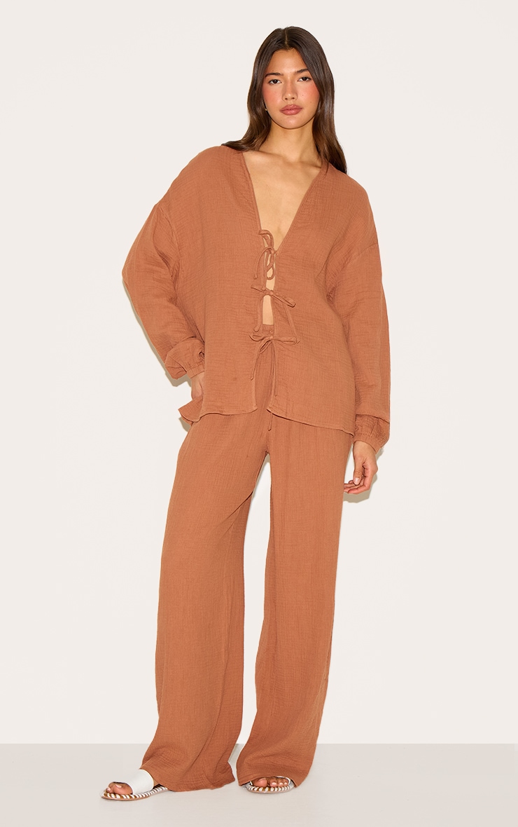 Chesnut Cheesecloth Textured Tie Front Shirt image 3