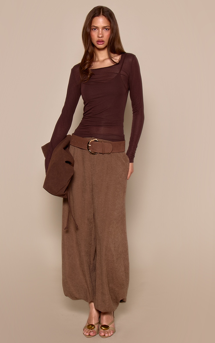 Chocolate Sheer Soft Touch Overlay Long Sleeve Top image 3