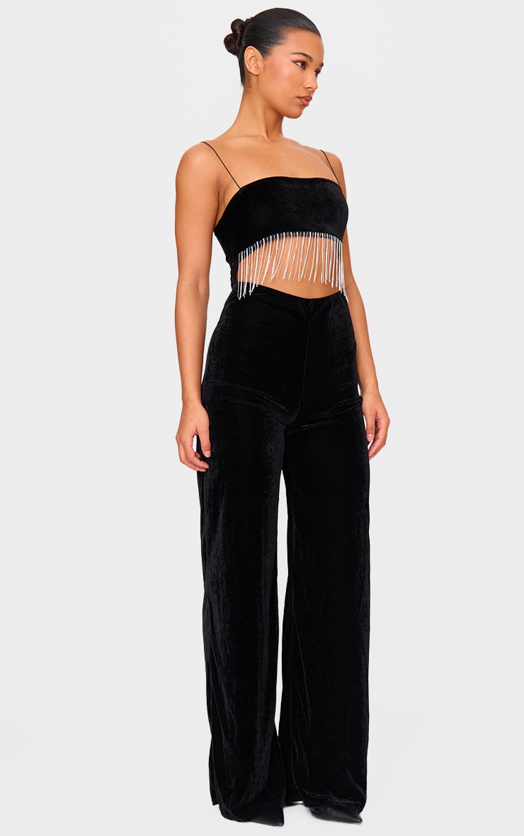 Black Velvet Diamante Tassel Cut Out Strappy Jumpsuit image 3