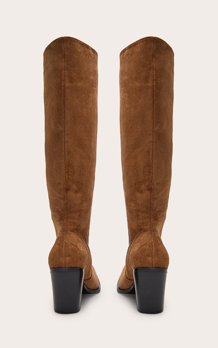 Bottes hautes carrées en suédine marron clair à talon carré haut image 4