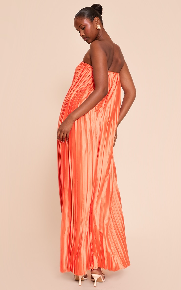  Bright Orange Pleated Satin Bandeau Maxi Dress image 2