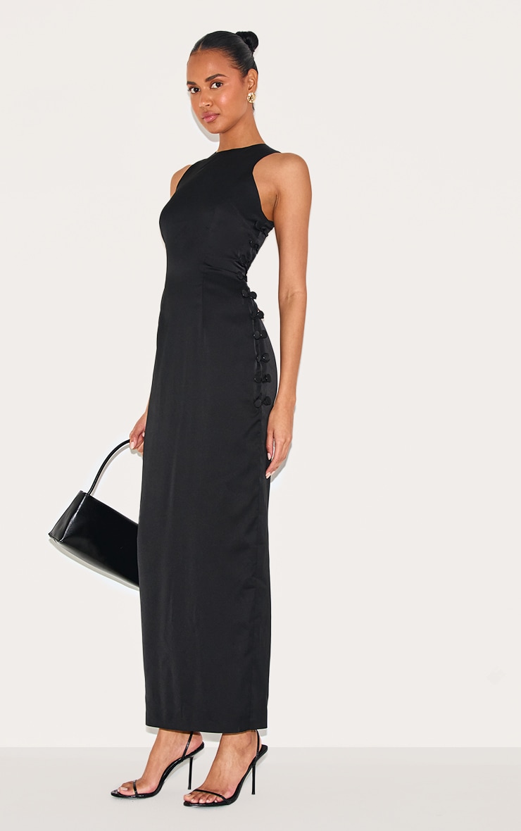 Black Woven Racer Button Detail Midaxi Dress image 3