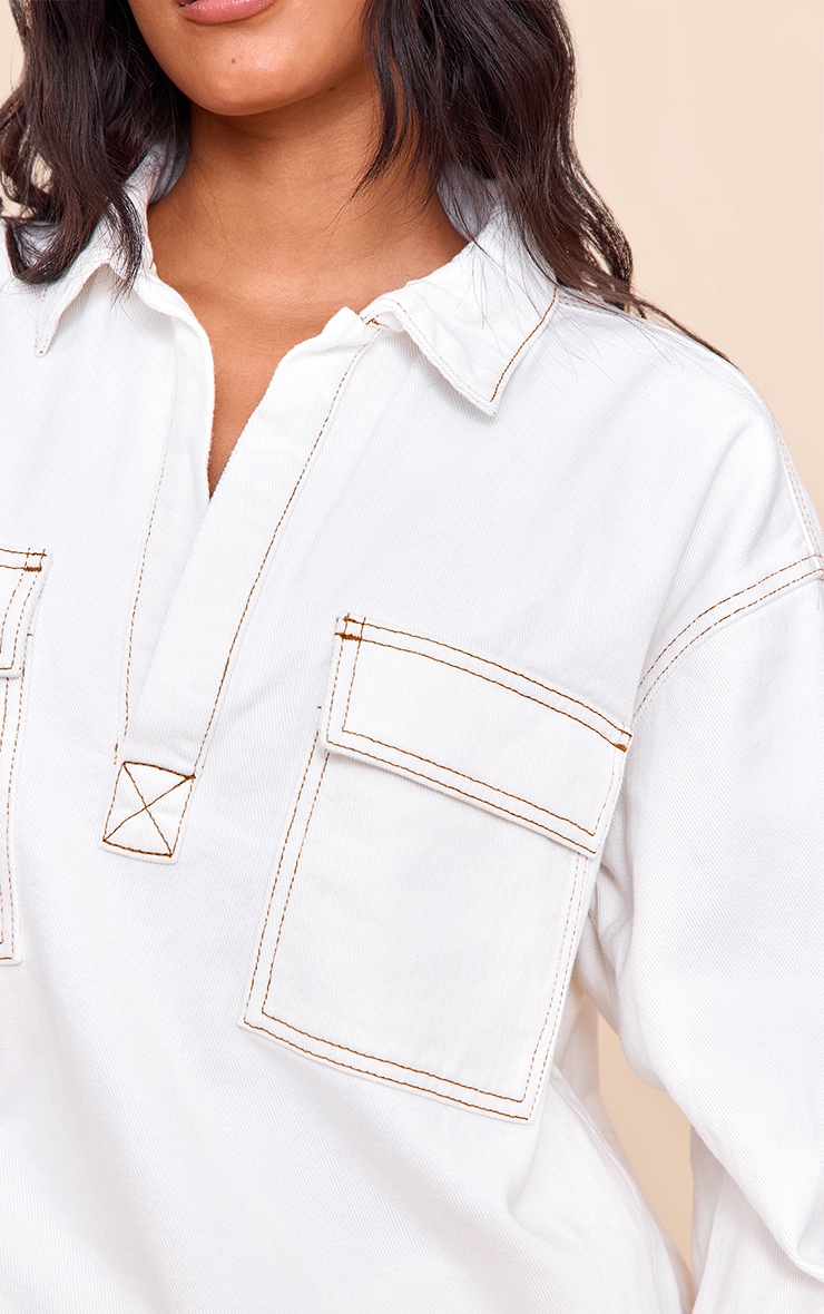White Pocket Detail Oversized Denim Shirt image 4