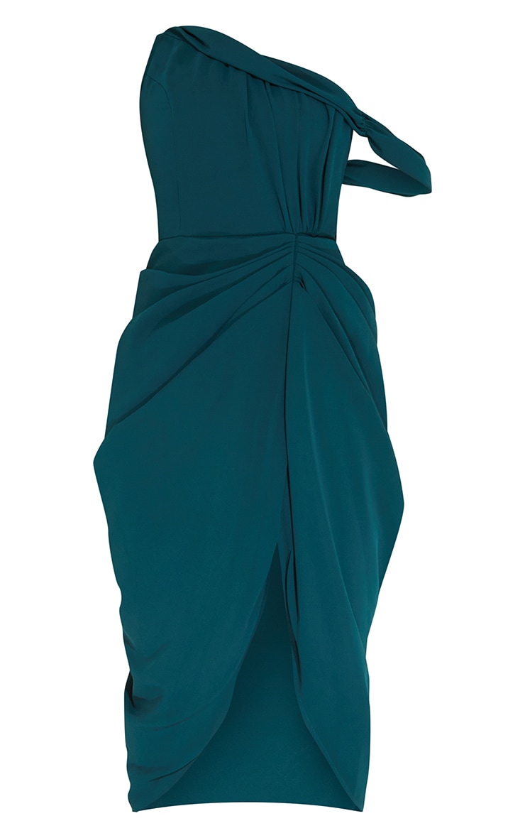 Emerald Green Chiffon Asymmetric Strap Draped Midi Dress image 6