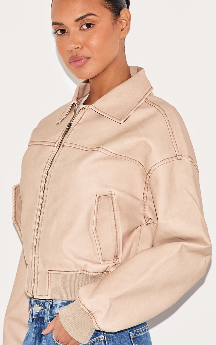 Cream Bleach Detail Faux Leather Cropped Bomber image 4