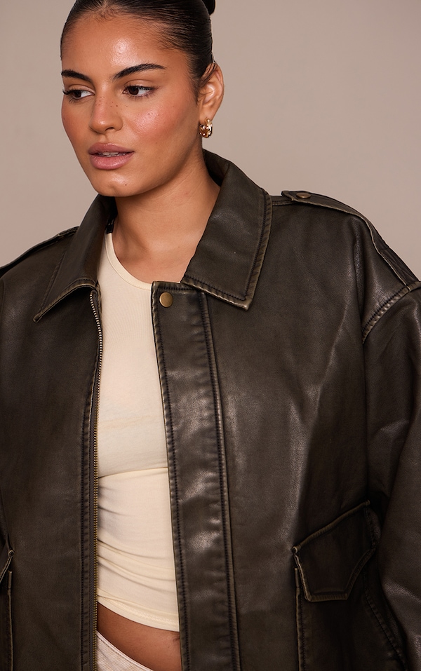 Plus Veste bomber en PU marron délavé à détail poches
