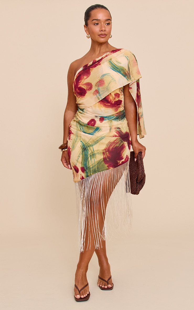 Shape Olive Abstract Print Fringe Hem One Shoulder Mini Dress image 3