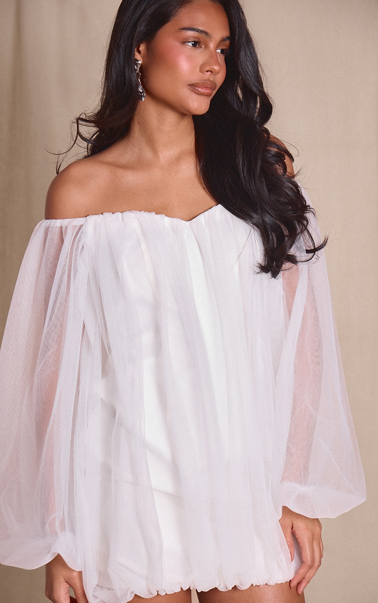 Premium White Organza Puffball Bardot Mini Dress