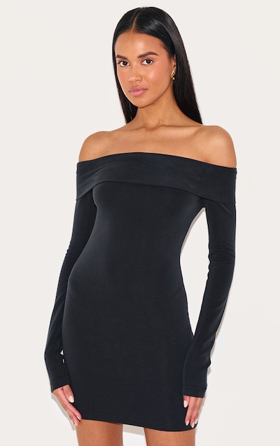 Robe moulante deluxe noire à contours et col bardot