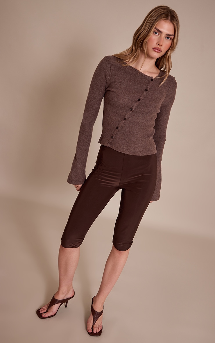 Chocolate Heavy Brushed Rib Asymmetric Button Long Top image 3