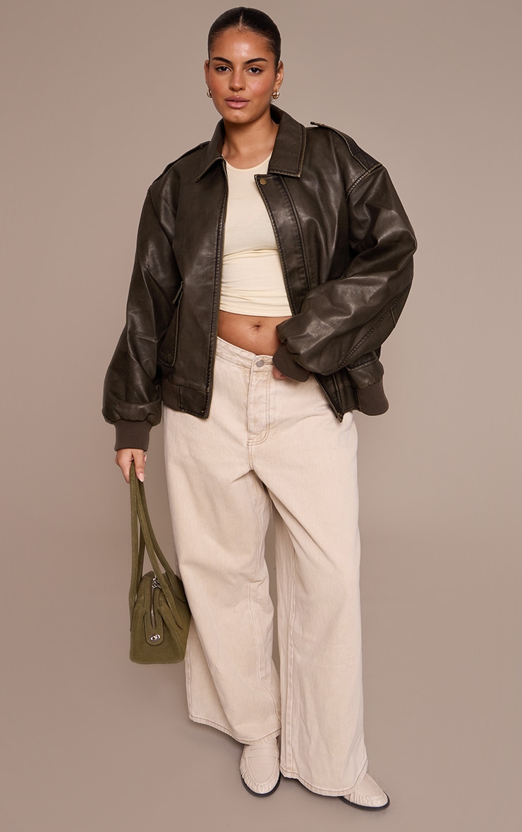Plus Brown Washed Faux Leather Pocket Detail Bomber Jacket image 3