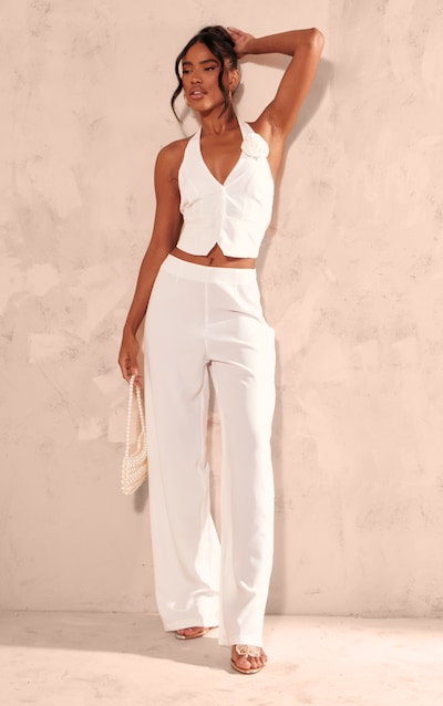 White Tailored Mid Rise Wide Leg Pants