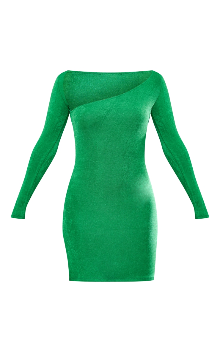 Green Acetate Slinky Asymmetric Neck Long Sleeve Bodycon Dress image 5