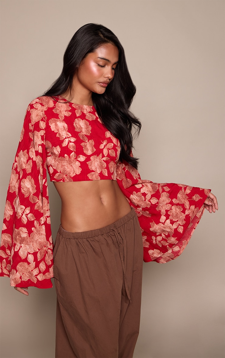 Red Floral Chiffon Bat Sleeve Blouse