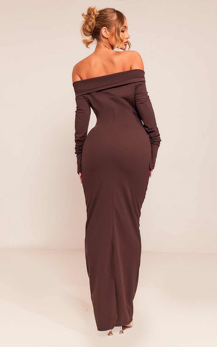 Chocolate Crepe Long Sleeve Bardot Maxi Dress image 2