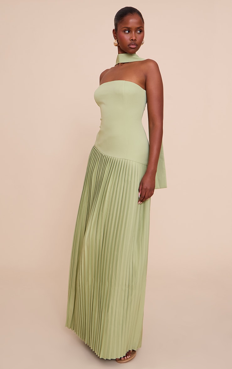 Sage Green Woven Asymmetric Pleated Maxi Dress image 3