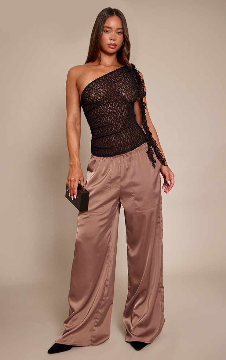 Black Textured Lace Frill Drape Detail Asymmetric Top image 3