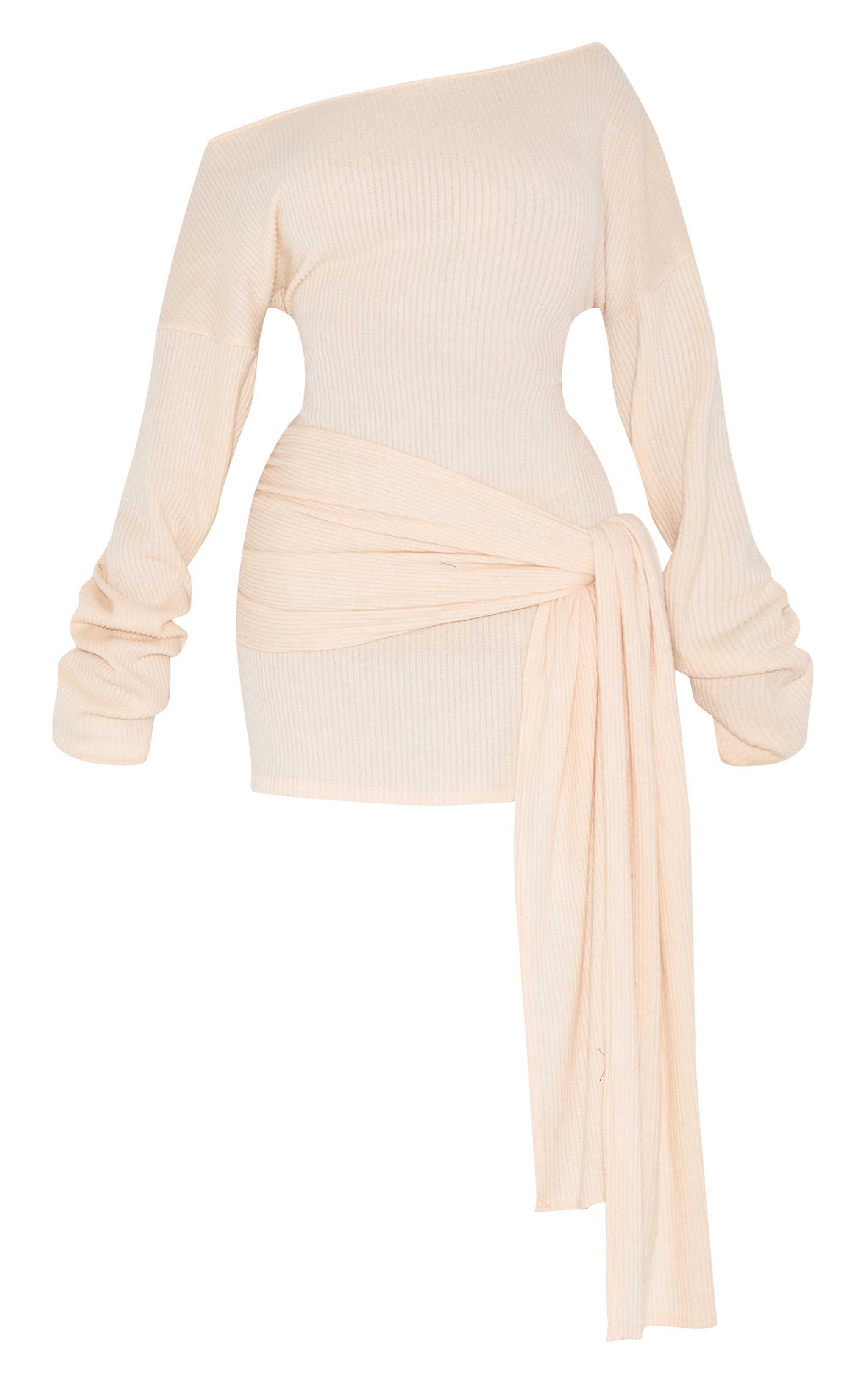Shape Cream Brushed Rib Boat Neck Wrap Waist Mini Dress image 5
