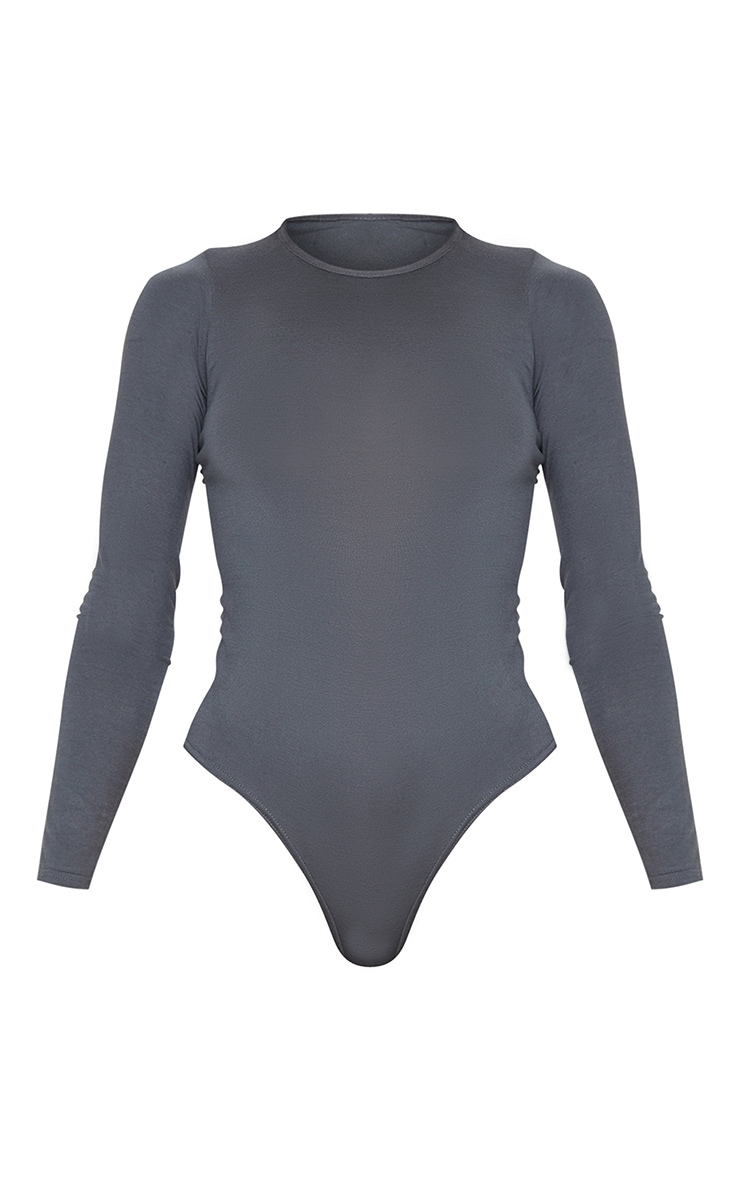 Charcoal Crew Neck Long Sleeve Bodysuit Tops PrettyLittleThing