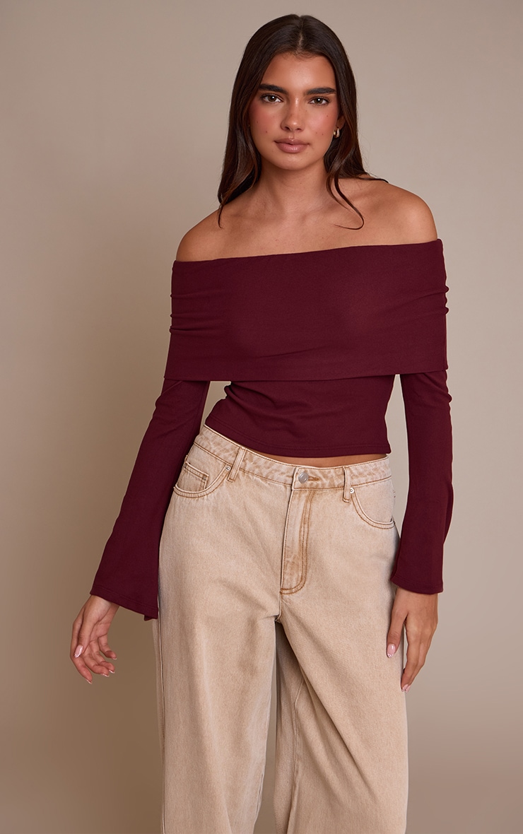 Wine Ultra Soft Deep Foldover Bardot Long Sleeve Top
