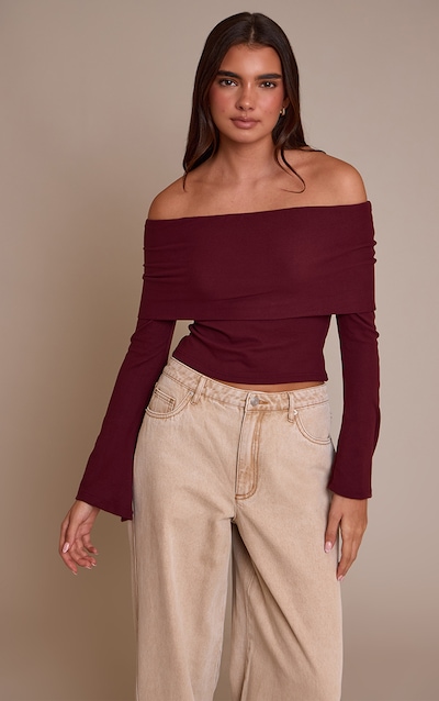 Wine Ultra Soft Deep Foldover Bardot Long Sleeve Top