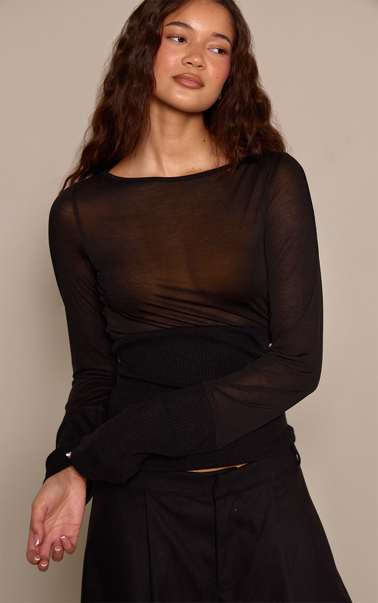 Black Contrast Jersey Rib Long Sleeve Fitted Top image 1