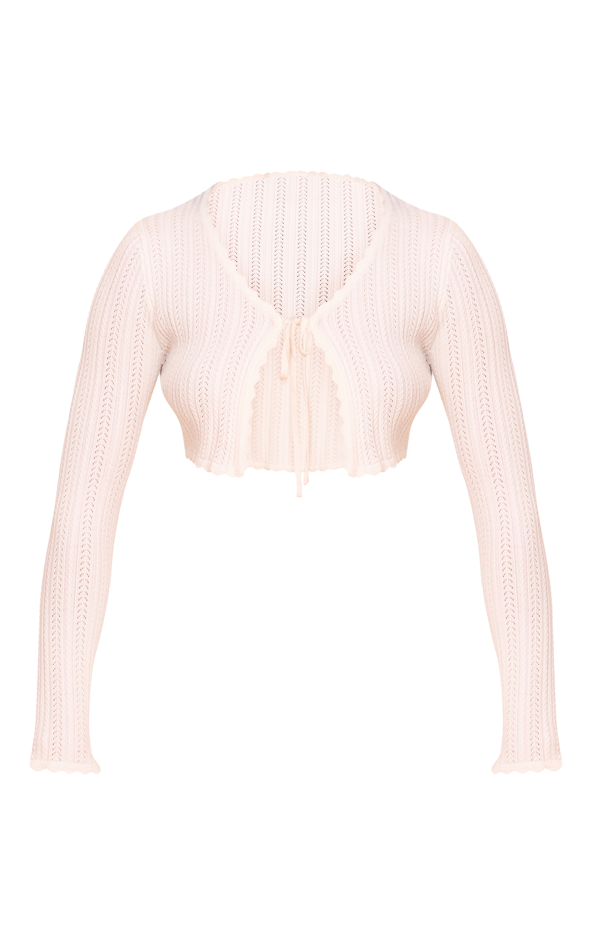 Cream Textured Crochet Knit Tie Front Top image 5