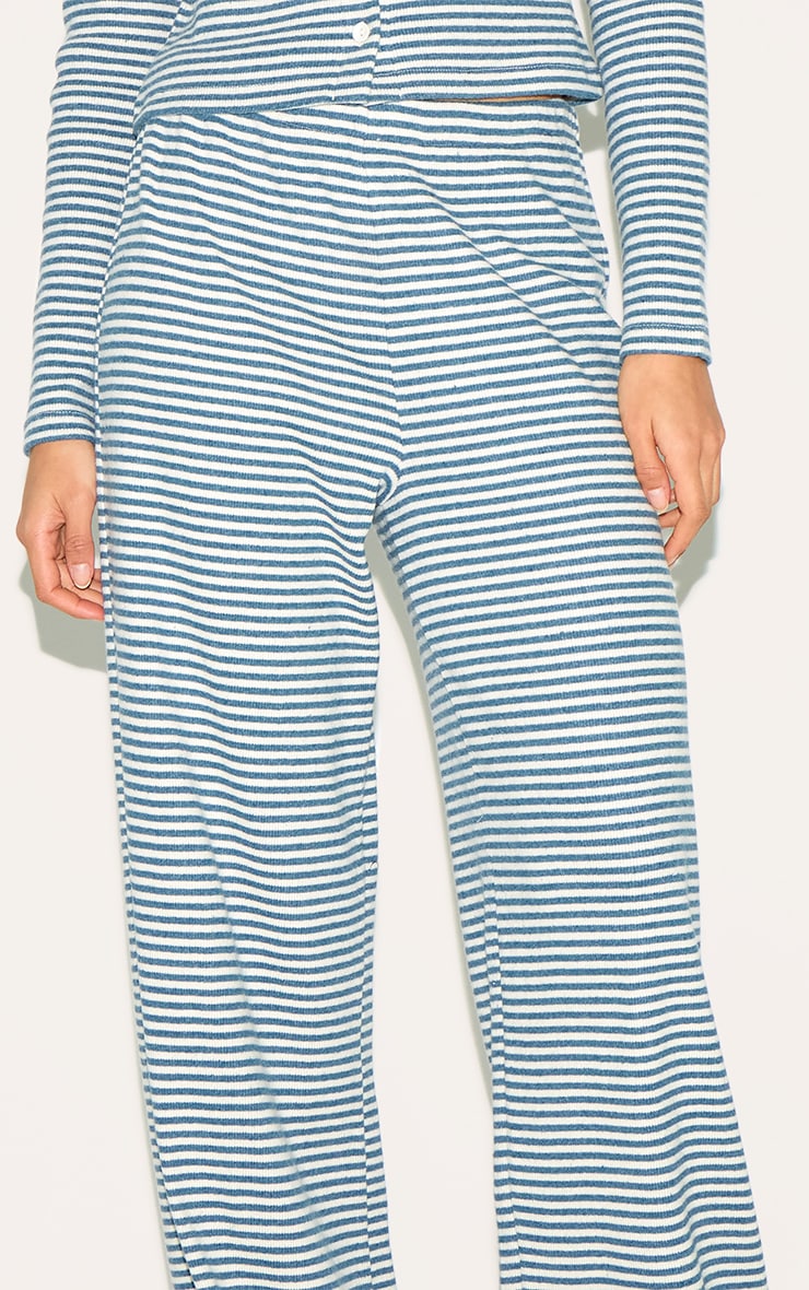 Blue Brushed Rib Striped Mid Rise Wide Leg Pants image 4