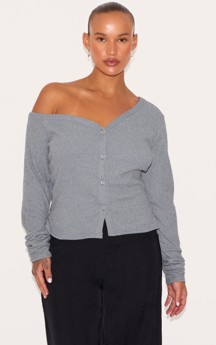 Plus Charcoal Soft Touch Rib Asymmetric Detail Long Sleeve Top image 1