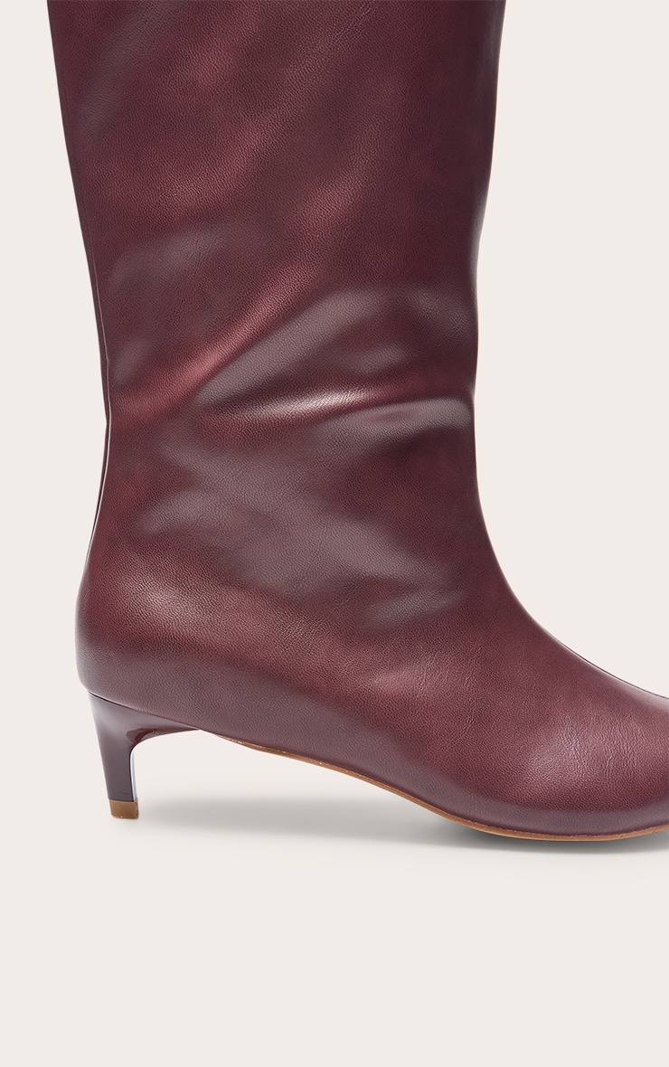 Plum PU Point Toe Low Stiletto Knee High Heeled Boots image 5