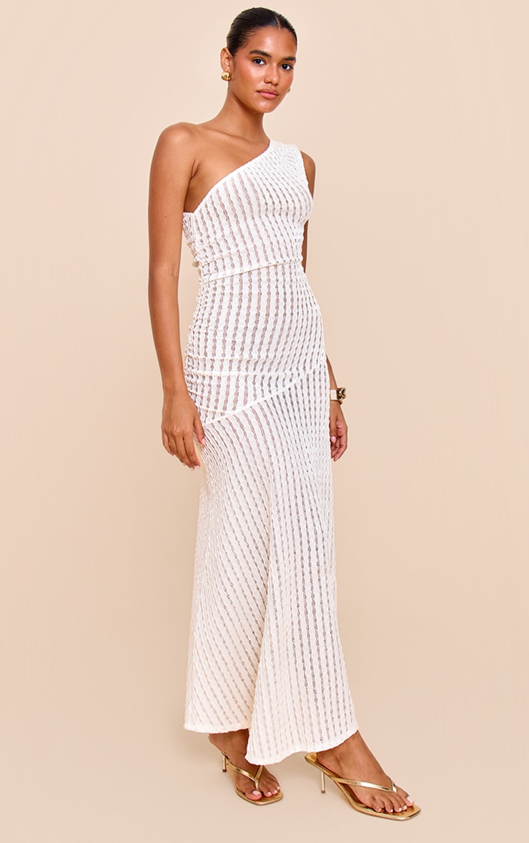 Cream Textured One Shoulder Ruched Maxi Dress image 3