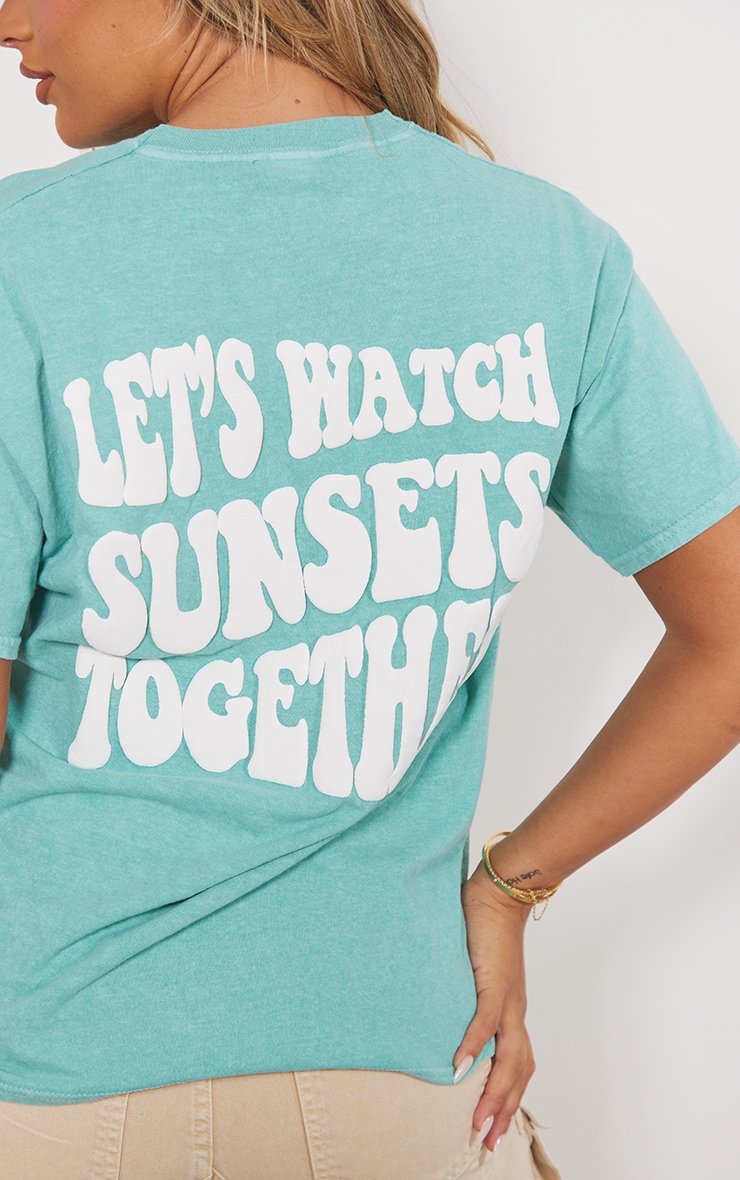 T-shirt vert délavé à slogan "Sunset" en relief image 4