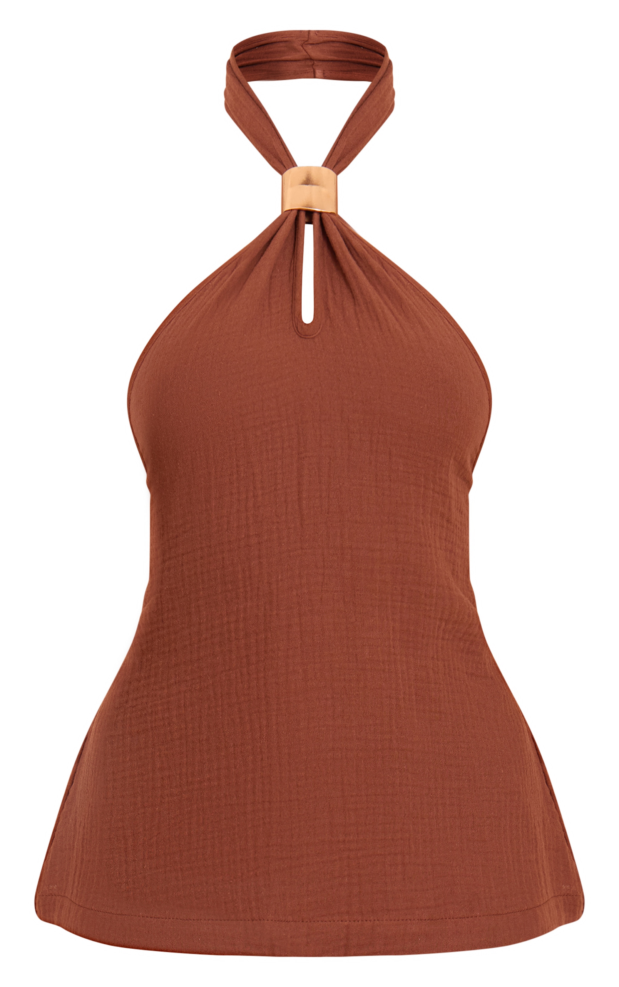 Chocolate Lightweight Woven Halterneck Trim Detail Top image 5