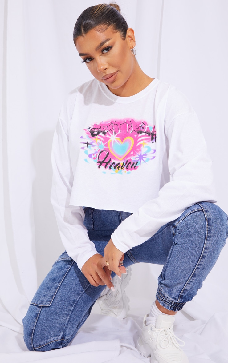 White Graffiti Print Long Sleeve Top image 3