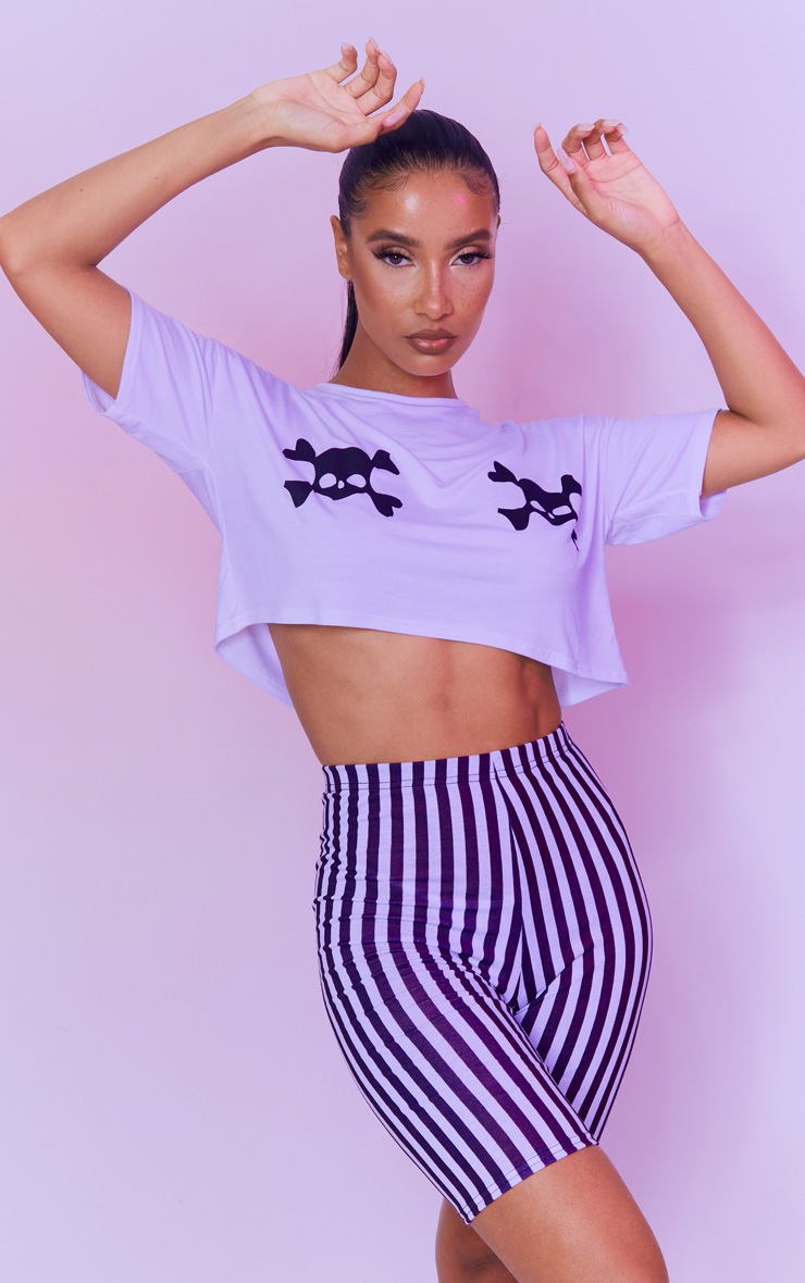 Black Skull Print Crop T-Short And Stripe Bike Shorts PJ Set