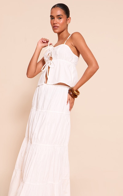 White Cotton Poplin Drawstring Tired Floaty Maxi Skirt