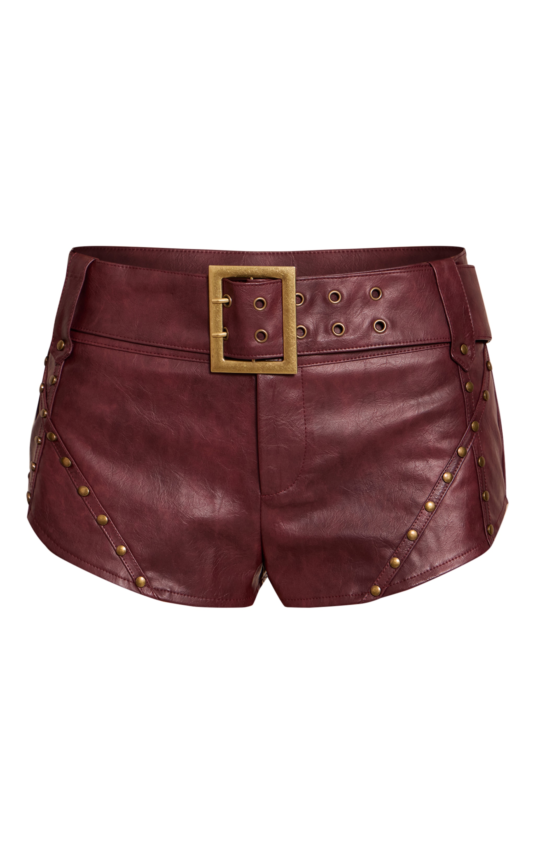 Burgundy Faux Leather Studded Belted Hot Pants image 6
