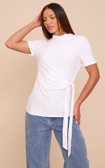 Tall White Cotton Tie Detail Oversized T Shirt