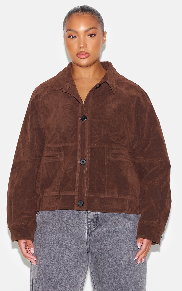 Plus Dark Brown Oversized Faux Suede Jacket image 1