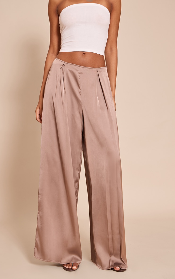 Tall Mocha Pleated Satin Wide Leg Pants image 2
